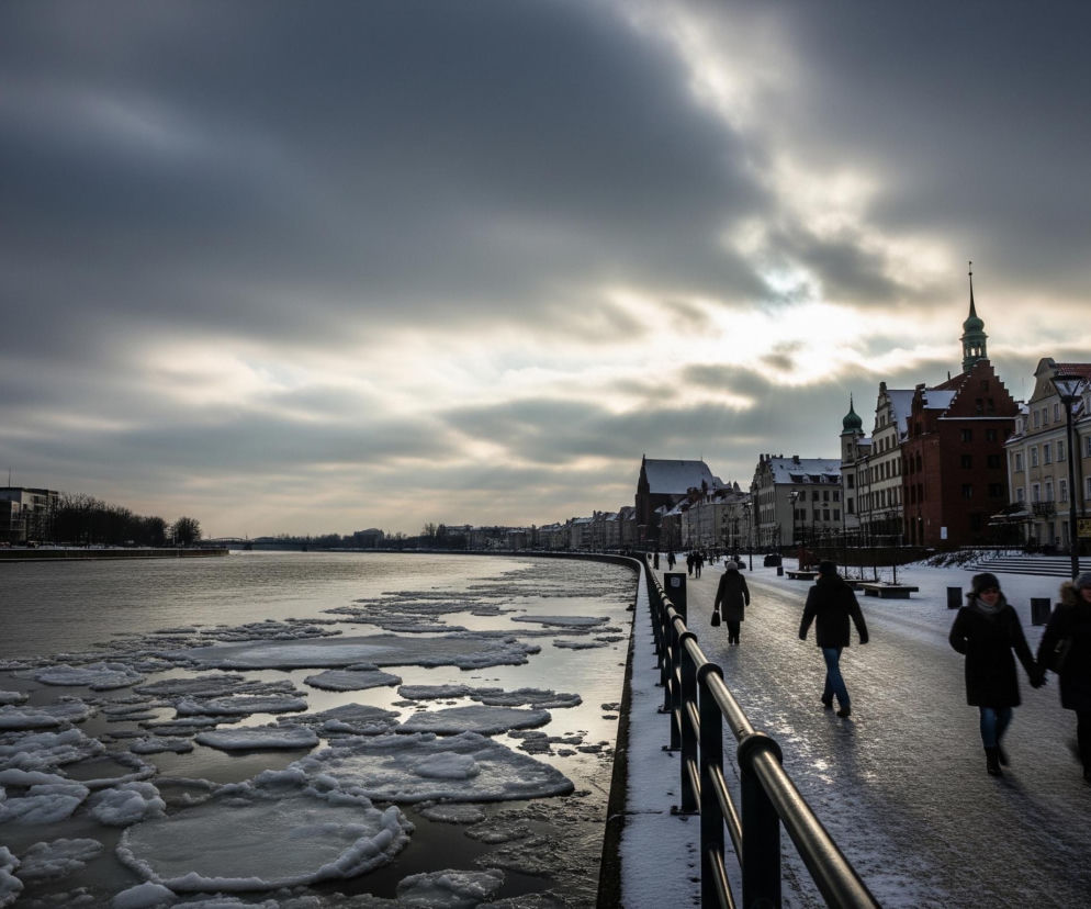 Po prawej stronie zdjęcia widać rzęd starych, ceglanych budynków z dachami pokrytymi śniegiem, biegnący wzdłuż zaśnieżonego brzegu rzeki. Ścieżka spacerowa wzdłuż rzeki, częściowo pokryta śniegiem i lodem, jest oddzielona od wody czarną, metalową barierką. Na ścieżce idzie kilka osób, widoczne są sylwetki czterech osób na pierwszym planie, w tym dwóch kobiet i dwóch mężczyzn, oraz mniejsze sylwetki dalszych przechodniów. Rzeka po lewej stronie kadru jest pokryta dużymi, nieregularnymi płatami lodu. Ponad miastem i rzeką rozpościera się zachmurzone niebo, przez które miejscami przebija się jasne światło, tworząc refleksy na wodzie i ścieżce.