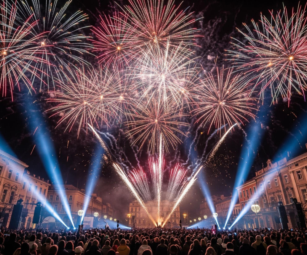 Wielobarwne fajerwerki rozświetlające ciemne nocne niebo nad zatłoczonym placem miejskim. Jasne smugi światła, głównie czerwone, białe i zielone, rozchodzą się na boki z wielu punktów eksplozji, tworząc rozłożyste, pierzaste kształty. Poniżej, na ulicy, zgromadził się duży tłum ludzi, oglądających spektakl, a nad ich głowami widać intensywne, niebieskie snopy światła z reflektorów. Po obu stronach placu stoją wysokie, zabytkowe kamienice z licznymi oknami, a niektóre z nich są oświetlone ciepłym światłem.