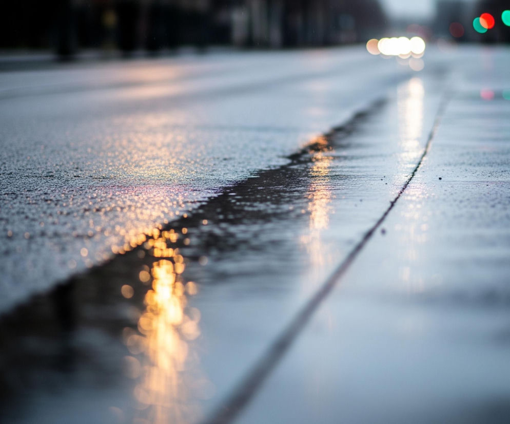 Zamazane ujęcie deszczowej drogi przedstawia jej mokrą, ciemnoszarą powierzchnię z licznymi kroplami wody, które odbijają rozmyte światła w oddali. Po lewej stronie widać złociste refleksy świateł, a w głębi, na horyzoncie, rozmyte czerwone i zielone światła tworzą punkty koloru. Asfaltowa powierzchnia z widocznymi poziomymi liniami rozdziela pasy ruchu, a po prawej stronie znajduje się chodnik, również odbijający światło.