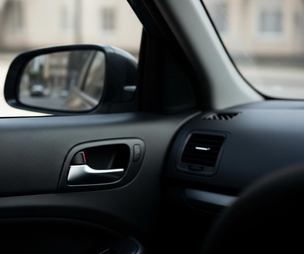 Wnętrze samochodu, widziane z perspektywy pasażera, dominuje ciemna kolorystyka. Na pierwszym planie po lewej stronie znajduje się faktura panelu drzwiowego, z widoczną chromowaną klamką do otwierania drzwi, obok niej mały czerwony pasek, a nad nią czarny przycisk z czerwoną ikonką. Dalej w prawą stronę, na panelu deski rozdzielczej, widoczny jest czarny nawiew powietrza z poziomymi lamelkami, a pod nim poziomy, jasny, prostokątny otwór. W górnej lewej części obrazu widoczne jest lusterko boczne samochodu, w którym odbija się niewyraźny obraz ulicy z zarysem innego pojazdu, natomiast przez szybę zza lusterka widać zamazane tło jasnych budynków i ulicy.