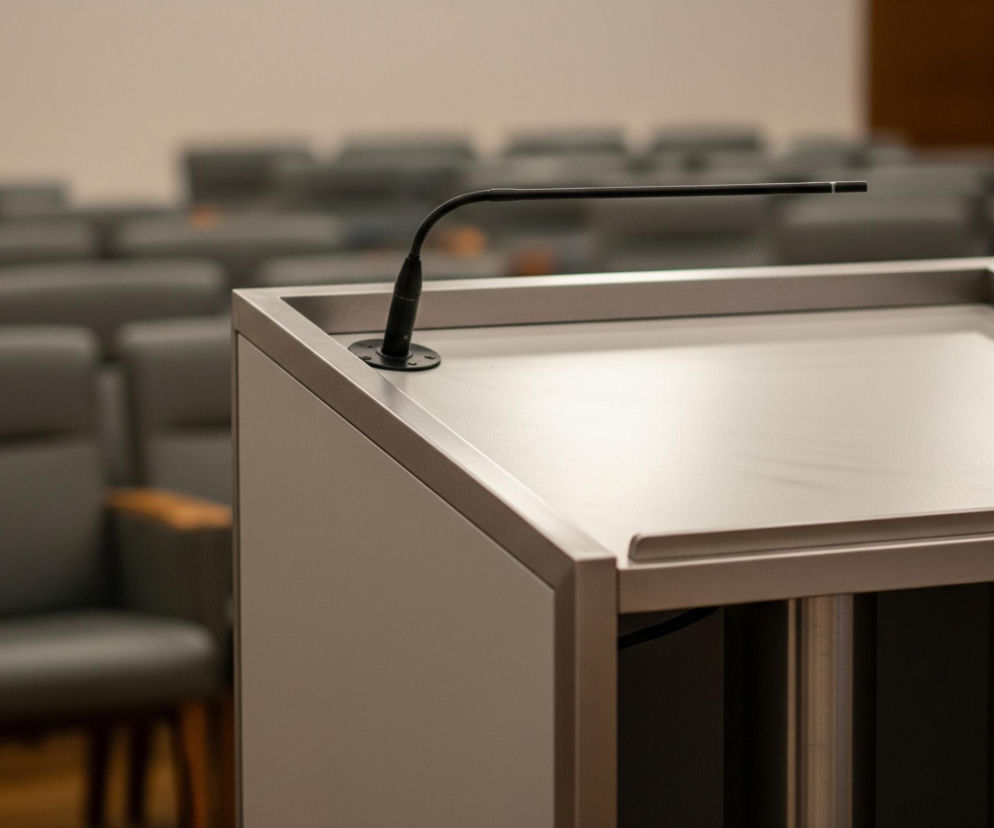 Pulpit koloru beżowego z metalowymi wykończeniami stoi na pierwszym planie, lekko ukośnie. Na górze pulpitu, po lewej stronie, zamocowany jest czarny, giętki mikrofon, skierowany poziomo w prawą stronę. Tło stanowią rzędy szarych foteli, z drewnianymi podłokietnikami, które są rozmyte i niewyraźne. Podłoga widoczna w tle jest koloru brązowego.