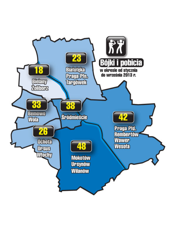 Warszawa - bójki i pobicia (okres od stycznia do września 2013 r.)