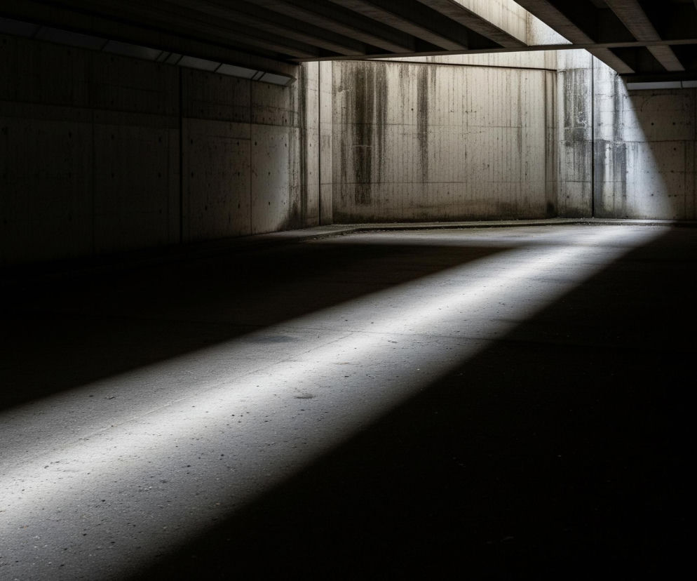 Słońce wpada do ciemnego, betonowego tunelu lub podziemnego przejścia, tworząc jasną, skośną smugę światła na podłodze. Promienie światła padają z kwadratowego otworu w suficie, rozświetlając szorstkie, zabrudzone ściany i posadzkę pokrytą drobnymi kamyczkami. Górna część obrazu, zwłaszcza po lewej stronie, jest pogrążona w głębokim cieniu, z widocznymi poziomymi belkami stropowymi.