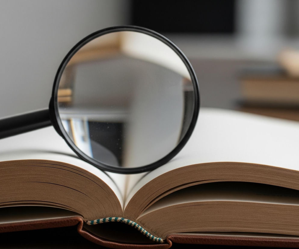 Otwarta książka z brązową okładką i białymi kartkami leży na powierzchni. Na prawą stronę otwartej książki opuszczona jest czarna lupa, której szklana soczewka odbija rozmyte tło z jasnymi i ciemnymi fragmentami. Kartki książki, widoczne z boku, mają wyraźny, lekko beżowy odcień, a dolny róg oprawy posiada zielono-białą ozdobę. W tle, częściowo poza ostrością, widać inne, ułożone poziomo książki w jasnych odcieniach.
