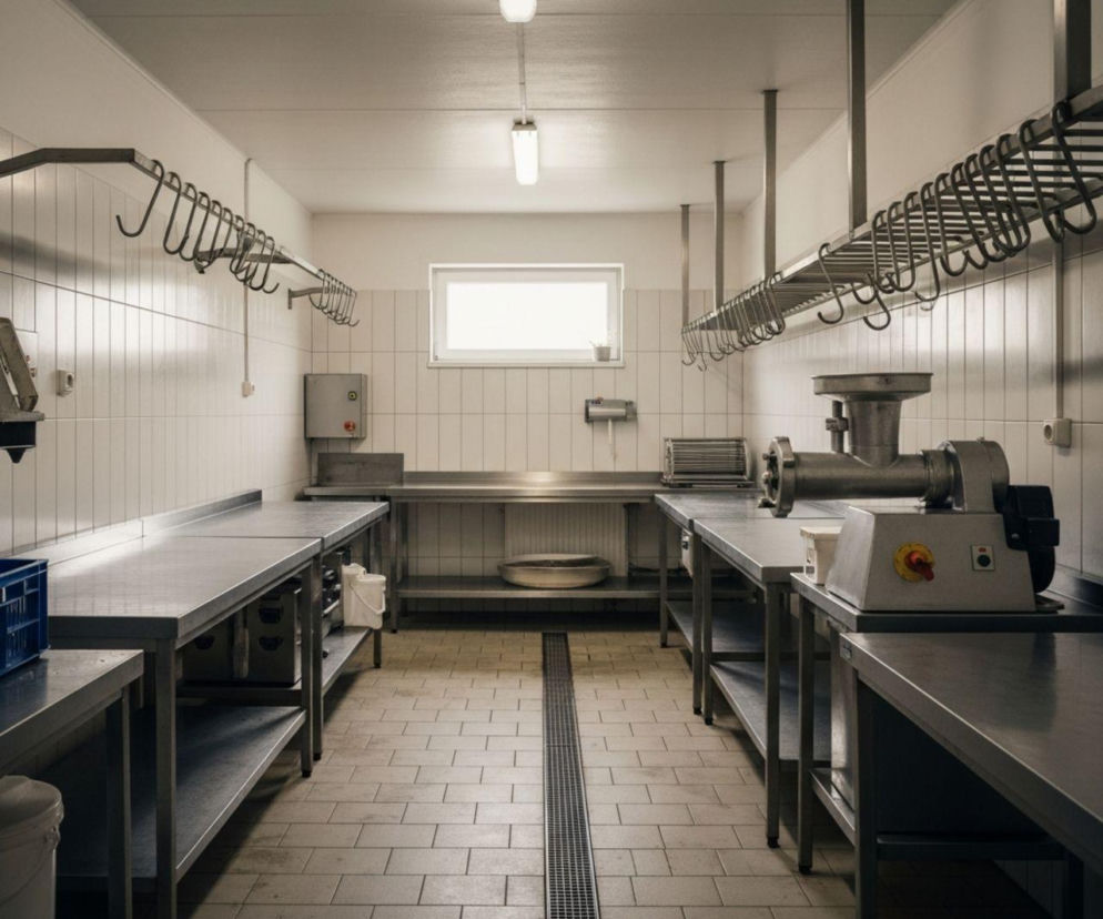 Profesjonalna, higieniczna sala do obróbki mięsa w gospodarstwie, wyposażona w stoły ze stali nierdzewnej, haki na tusze i maszynkę do mielenia. Ilustruje temat legalnego uboju na sprzedaż od 2026 roku, o czym przeczytasz na Super Biznes.