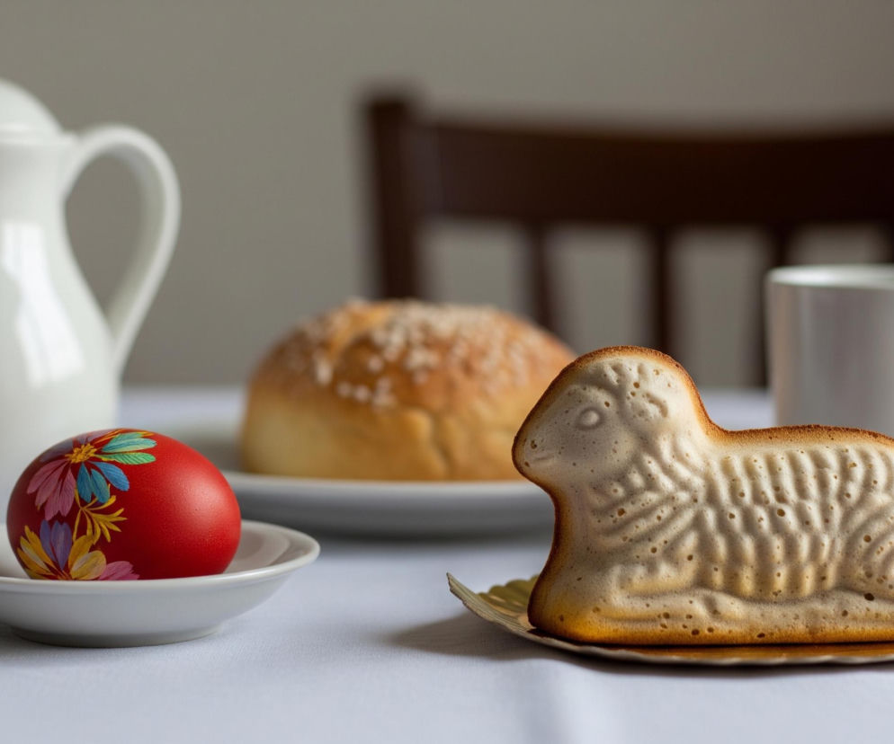 Na białym obrusie stoi jasnobrązowe ciastko w kształcie baranka, położone na złotej, karbowanej podstawce. Nieco za nim, po lewej, znajduje się intensywnie czerwone jajko z kolorowymi wzorami kwiatowymi, spoczywające w małej, białej miseczce. W tle, po lewej stronie, stoi biały dzbanek z pokrywką, a po prawej widać biały kubek oraz rozmyty ciemnobrązowy mebel. Pomiędzy dzbankiem a kubkiem, na talerzu, leży okrągłe pieczywo posypane białymi kryształkami.