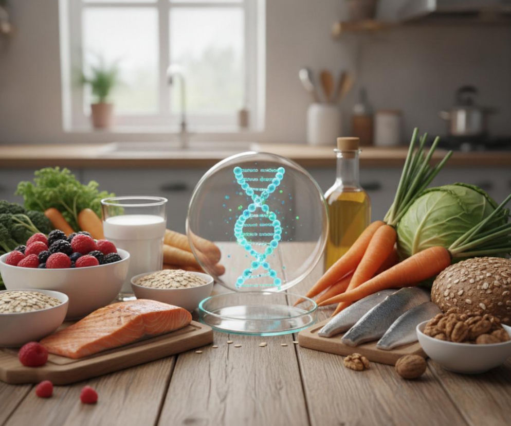 Zdrowa żywność na stole wokół szklanej kuli z modelem DNA. O wpływie diety na starzenie przeczytasz na Poradnik Zdrowie.