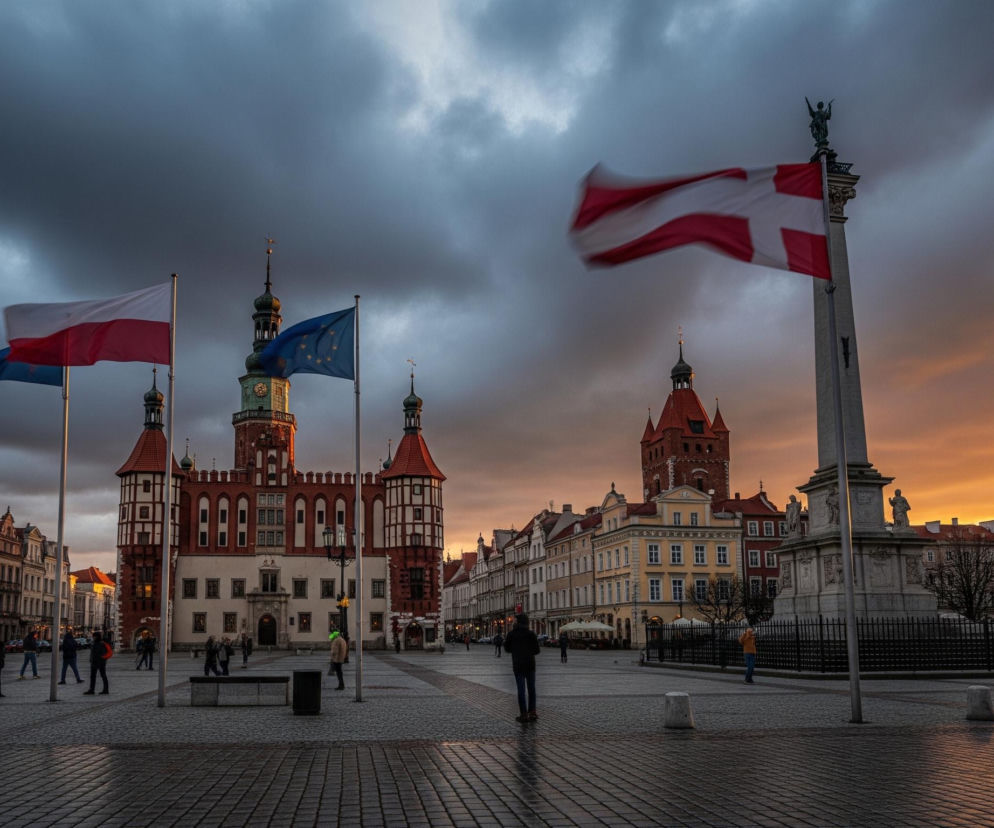Rozległy, brukowany plac miejski o zmierzchu, z historycznymi budynkami otaczającymi go z trzech stron. Pośrodku dominują budynki z czerwonymi dachami i fasadami, jeden z nich, prawdopodobnie ratusz, z wysoką wieżą zegarową zwieńczoną kopułą, ma barokową architekturę z zielonymi akcentami. Przed nim powiewają na masztach trzy flagi: Polski, Unii Europejskiej oraz czerwono-biała flaga z krzyżem, która jest rozmyta z powodu ruchu wiatru.

Na prawo od centrum wznosi się wysoka kolumna z rzeźbionym postumentem i figurą na szczycie. Tło po lewej stronie obrazu jest zdominowane przez ciemne, burzowe chmury, które stopniowo przechodzą w jaskrawo pomarańczowe i żółte odcienie zachodzącego słońca po prawej stronie, oświetlając fragmenty fasad budynków. Na placu widać kilka osób, niektóre idące, inne stojące, a także ławki i latarnie uliczne.