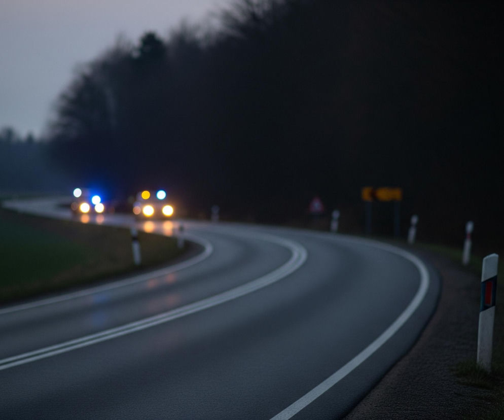 Asfaltowa droga wijąca się łagodnym łukiem w prawo zajmuje centralną część obrazu. Białe, podwójne linie ciągłe oddzielają pasy ruchu, a na poboczu stoją słupki z czerwonymi odblaskami. W oddali, na zakręcie, widać rozmazane światła pojazdów: dwa jasnoniebieskie i cztery żółte, sugerujące zbliżające się samochody. Tło po lewej stronie to zielone pole, a po prawej i w oddali dominują ciemne, rozmyte kształty drzew, tworzące gęsty las. Szaro-niebieskie niebo widoczne jest ponad linią horyzontu.