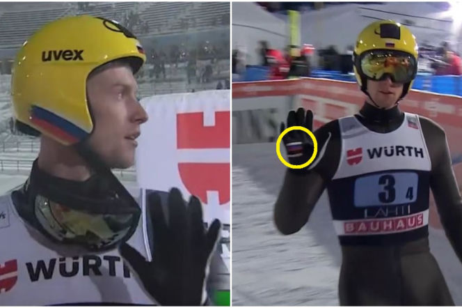Skoczek Jewgienij Klimow w żółtym kasku. Obok na miniaturze zawodnik z flagą Rosji na rękawiczce. Czytaj na SE Supersport.