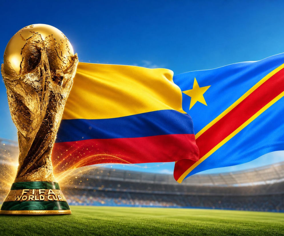 Złote trofeum FIFA World Cup na zielonej murawie, obok falujące flagi Kolumbii i Demokratycznej Republiki Konga. W tle zamazany stadion pod błękitnym niebem, symbolizujący mecz mistrzostw świata. Wynik i statystyki tego spotkania znajdziesz na naszym portalu.