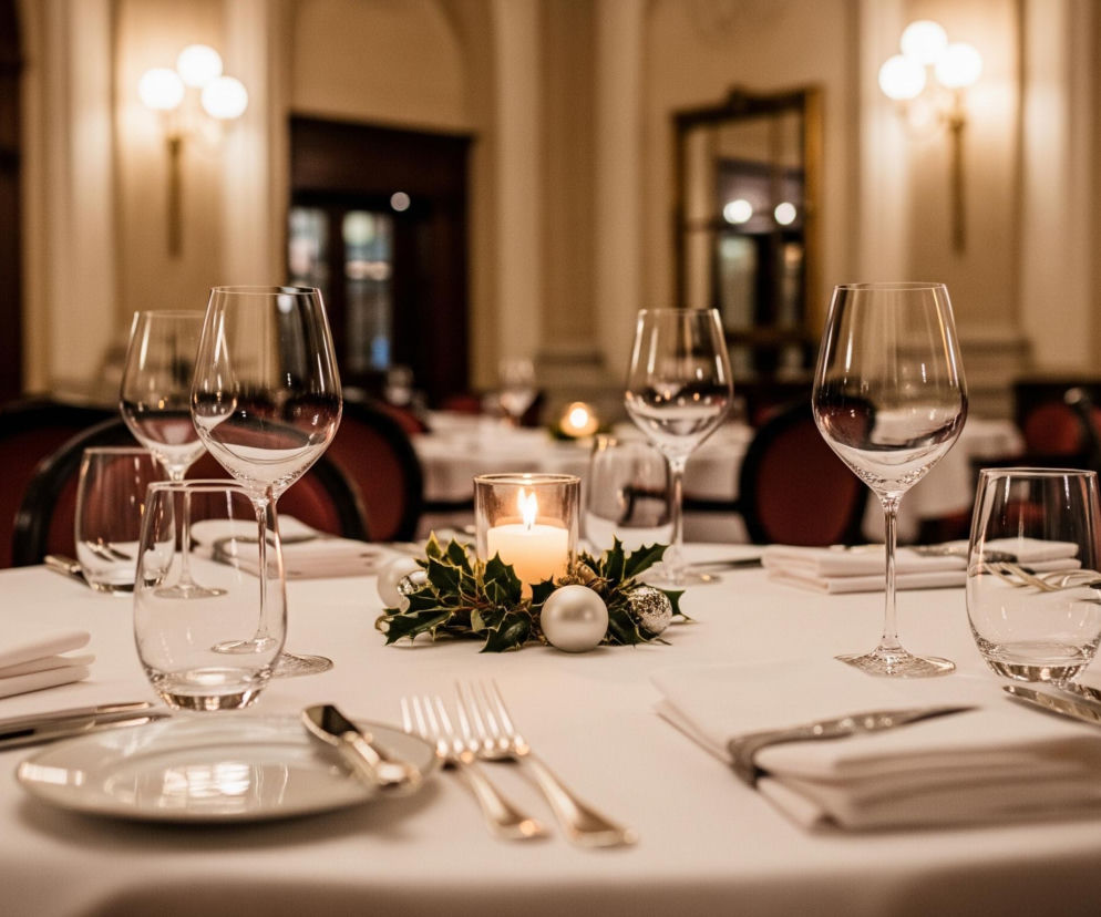 Ustawiony stół w restauracji pokryty jest białym obrusem. Na środku stołu, w szklanym pojemniku, pali się świeca otoczona zielonymi gałązkami z czerwonymi owocami, a obok niej leżą trzy matowe bombki choinkowe – dwie srebrne i jedna szampańska. Wokół świecy rozmieszczone są liczne szklanki na napoje i wino, a także białe talerze ze sztućcami, takimi jak noże i widelce. W tle widać częściowo zacienioną przestrzeń restauracji z innymi stołami i czerwonymi krzesłami, oświetloną ciepłym światłem kinkietów.