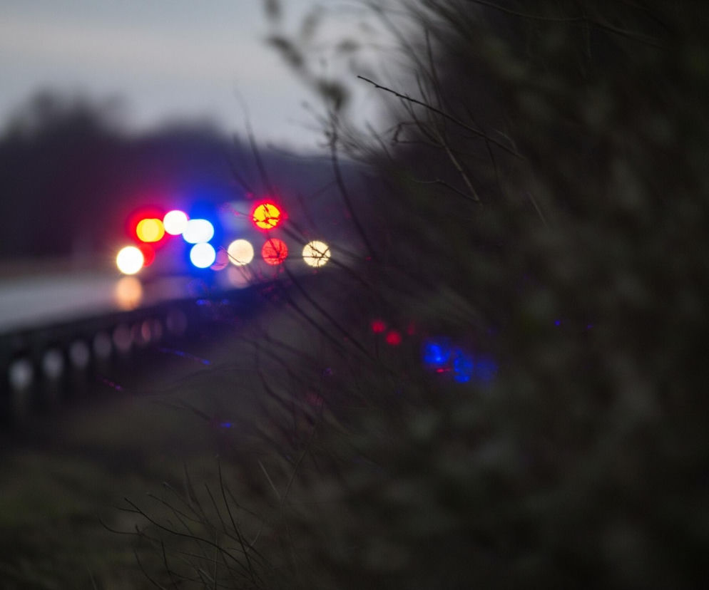 Na zdjęciu widoczna jest rozmyta scena nocna lub o zmierzchu, z dominującymi rozświetlonymi punktami w tle. W centrum uwagi znajdują się jasne, okrągłe światła w kolorach czerwonym, niebieskim i białym, które sugerują obecność pojazdów uprzywilejowanych. Światła te odbijają się na mokrej nawierzchni drogi, która biegnie w lewo od środka kadru.

Po lewej stronie drogi widoczna jest metalowa barierka ochronna. Prawy dolny róg zdjęcia i część środkowego planu zajmuje rozmyta zieleń krzewów lub drzew, z widocznymi pojedynczymi gałązkami na pierwszym planie, tworząc efekt bokeh. Tło stanowią ciemne sylwetki drzew pod pochmurnym, szarym niebem.