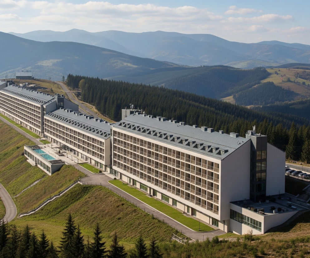 Rozległy, długi budynek o jasnej elewacji i szarym, spadzistym dachu z wieloma oknami mansardowymi, rozciąga się wzdłuż zbocza góry, składając się z kilku segmentów. Przed budynkiem, bliżej lewej strony kadru, znajduje się prostokątny basen z turkusową wodą, otoczony tarasem. Całość jest osadzona w górzystym krajobrazie z licznymi zielonymi wzgórzami, częściowo porośniętymi ciemnozielonymi iglastymi drzewami, a w tle widać kolejne, lekko zamglone pasma górskie pod niebem z nielicznymi białymi chmurami. Wzdłuż budynku prowadzi asfaltowa droga, a w kilku miejscach widać zaparkowane samochody oraz fragmenty innych, mniejszych zabudowań i wież infrastrukturalnych.