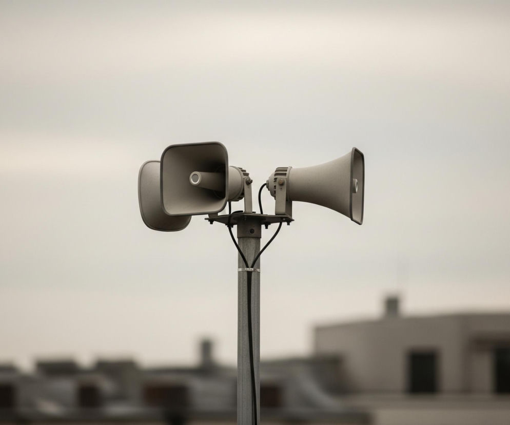 Dwa jasnoszare megafony z tubami skierowanymi w różne strony zamontowane są na pionowym, metalowym słupie pośrodku kadru. Lewy megafon jest nieco bliżej obiektywu, z widocznym okrągłym otworem głośnika w jego wnętrzu. Prawy megafon jest nieco mniejszy i skierowany pod innym kątem. Oba urządzenia połączone są czarnymi kablami z elementami montażowymi na słupie. Tło stanowi rozmyte niebo w odcieniach szarości i beżu, a także niewyraźne zarysy dachów budynków na dole kadru, z jednym większym, białym budynkiem po prawej stronie.