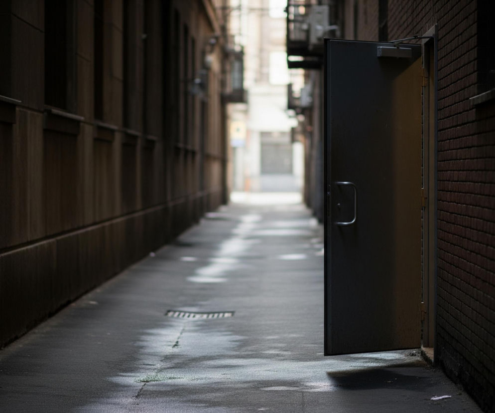 Wąska alejka rozciąga się w głąb obrazu, otoczona po obu stronach ciemnymi ścianami budynków. Po prawej stronie widoczne są ceglane mury o ciemnobrązowej barwie, a z nich wychodzą otwarte, szare metalowe drzwi z czarną klamką i widocznym samozamykaczem u góry. Nawierzchnia alejki, o ciemnoszarym odcieniu, jest mokra i błyszcząca, z widocznymi jasnymi refleksami światła, a na niej znajduje się kratka ściekowa.
