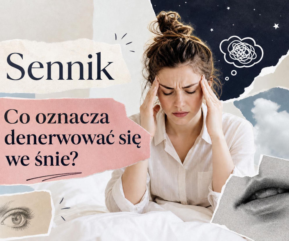 Kobieta trzymająca się za skronie. Wokół niej symbole stresu i napisy o snach. Znaczenie snu o nerwach wyjaśnia SE.