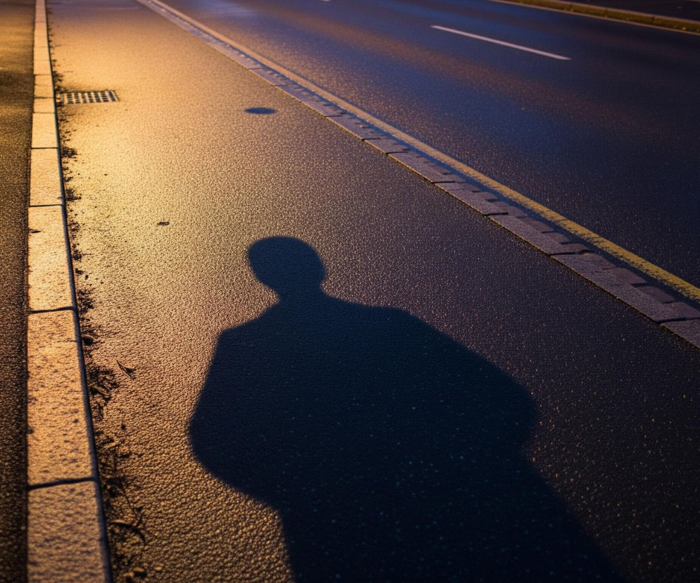 Ciemna sylwetka osoby jest widoczna na asfaltowej nawierzchni drogi, rzucana przez niewidoczne źródło światła. Lewa część obrazu, chodnik i fragment drogi, jest mocno oświetlona ciepłym, pomarańczowo-żółtym światłem, ukazującym krawężnik z szarych kostek i kratkę ściekową. Prawa strona zdjęcia, gdzie znajduje się główna część jezdni, jest znacznie ciemniejsza, oświetlona fioletowo-niebieskim światłem, z widoczną białą linią przerywaną i żółtą ciągłą linią. Tekstura nawierzchni jest ziarnista, a na lewej stronie widoczne są drobne kropelki, być może deszczu lub rosy, odbijające światło.
