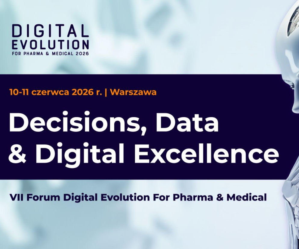 Plakat promujący VII Forum Digital Evolution for Pharma & Medical 2026 w Warszawie, z hasłem Decisions, Data & Digital Excellence i futurystyczną postacią robota symbolizującą technologię. Więcej o wydarzeniu na Poradnik Zdrowie.