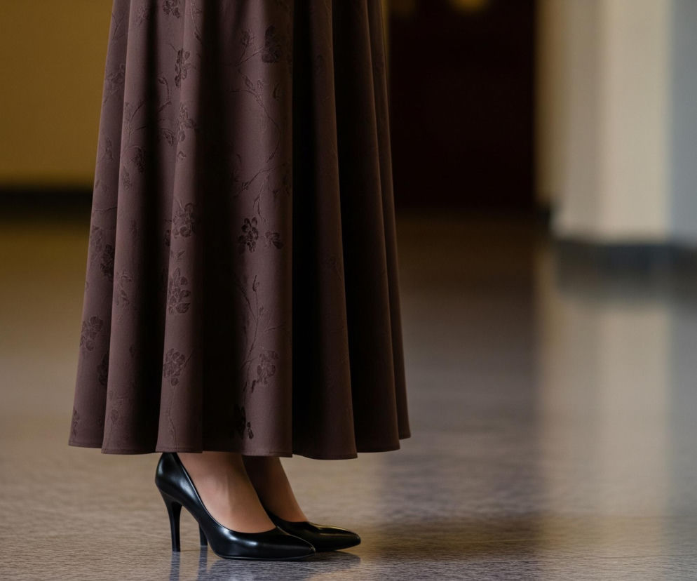 Kobieta w brązowej, długiej spódnicy z wytłaczanym wzorem kwiatowym stoi na posadzce z brązowych płytek. Ma na sobie cieliste rajstopy i czarne, błyszczące szpilki z ostrym noskiem. Tło rozmyte, widoczne są fragmenty ścian w odcieniach beżu i brązu oraz donica z zieloną rośliną po lewej stronie.