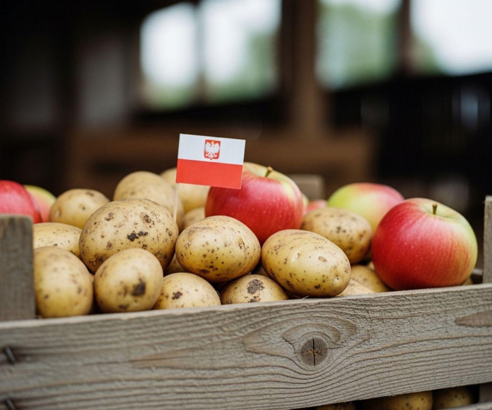 Drewniana skrzynka wypełniona świeżymi ziemniakami i czerwonymi jabłkami, z małą polską flagą umieszczoną pośrodku. Zdjęcie symbolizuje nowe przepisy dotyczące oznaczania polskich produktów, o których przeczytasz więcej na Super Biznes.