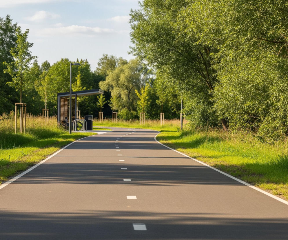 Asfaltowa, lekko wijąca się ścieżka rowerowa z białymi liniami przerywanymi pośrodku oraz ciągłymi na krawędziach, rozciąga się w kierunku horyzontu. Po obu stronach ścieżki rośnie gęsta, zielona trawa, a za nią widać liczne drzewa i krzewy o jasnozielonych liściach, tworzące zielony korytarz. Po lewej stronie ścieżki, w oddali, znajduje się nowoczesna wiata z ciemnym dachem i drewnianymi elementami, obok której stoją dwa czarne stojaki na rowery. Fragmenty błękitnego nieba z białymi chmurami są widoczne nad linią drzew.