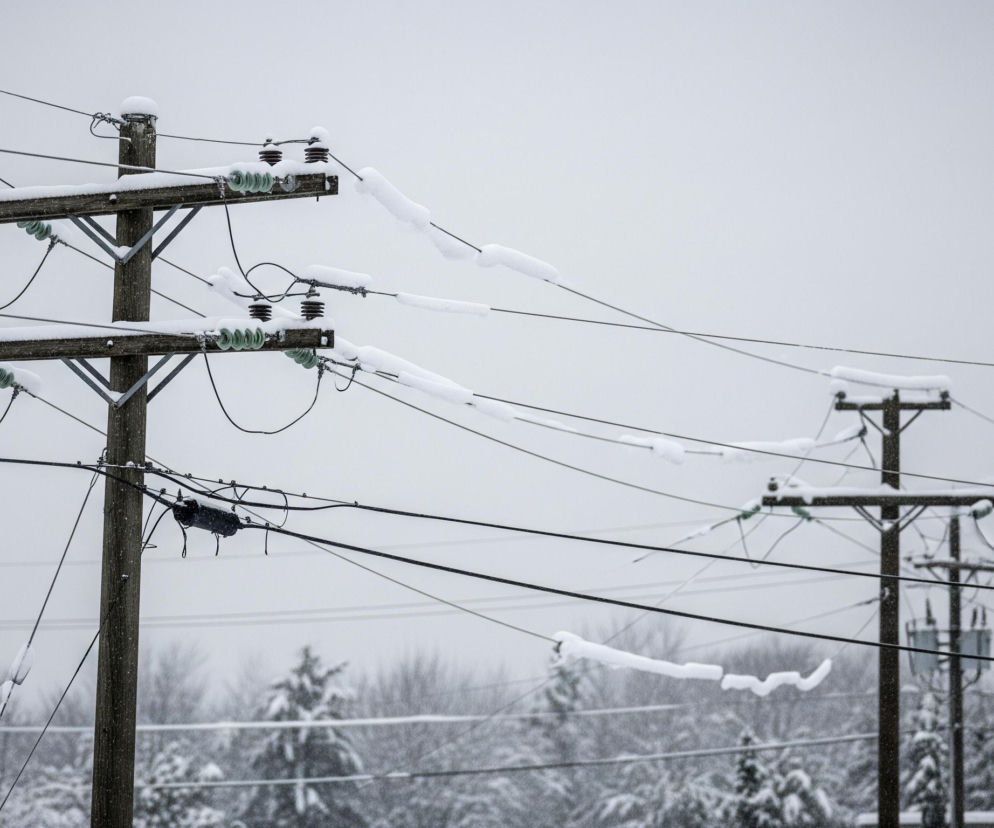 Ośnieżone słupy energetyczne z przewodami linii wysokiego napięcia na tle zaśnieżonych drzew symbolizują problem infrastruktury przesyłowej na prywatnych działkach. To temat, o którym przeczytasz więcej na Super Biznes.