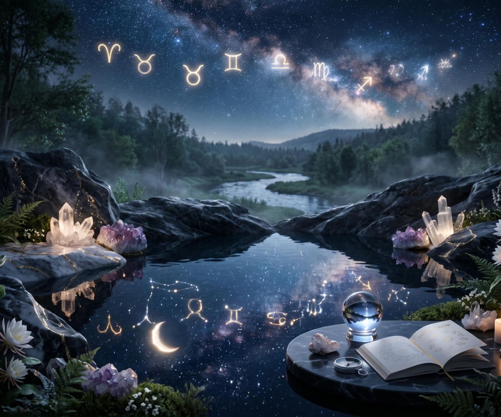 Mistyczny leśny staw odbija gwieździste niebo z konstelacjami zodiaku, symbolizując horoskop dzienny. Kryształy, świece i otwarta księga horoskopu, z kryształową kulą i kompasem na stoliku, tworzą atmosferę magii i przewodnictwa. Więcej o wpływie gwiazd przeczytasz na naszym portalu.
