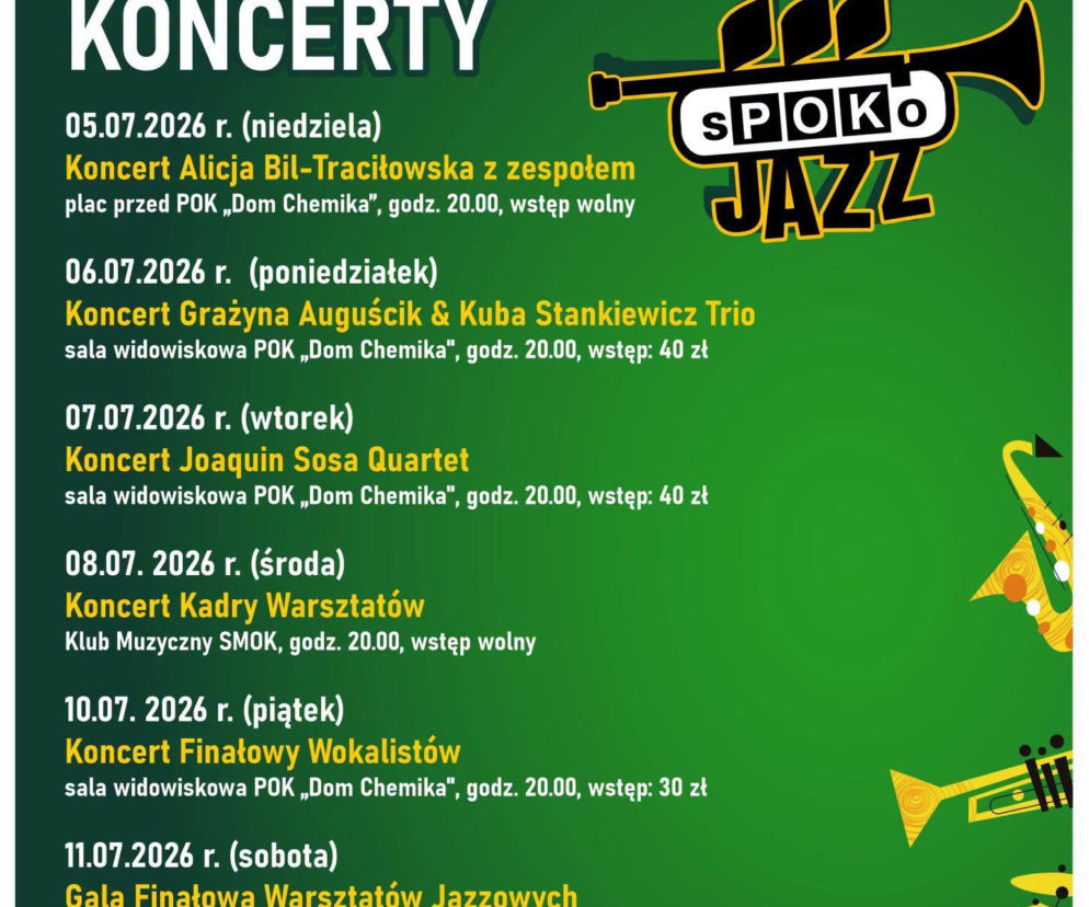 Plakat Warsztatów Jazzowych sPOKo Jazz w Puławach z harmonogramem koncertów. O wydarzeniu przeczytasz na Radioplus.