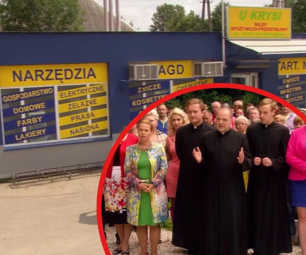 Sklep wiejski w Wilkowyjach. Na miniaturze Ewa Kuryło i księża z serialu Ranczo, o którym przeczytasz w Super Express.