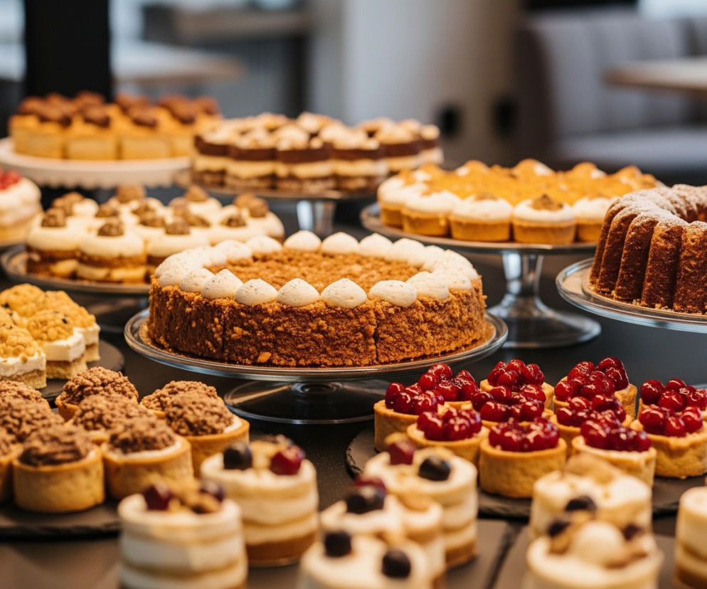 Na pierwszym planie, rozciągającym się przez całą szerokość obrazu, znajduje się bogaty asortyment ciast i ciasteczek. W centrum uwagi na szklanej paterze stoi okrągłe, brązowe ciasto z białą, falistą dekoracją z kremu na brzegach, posypane drobną posypką. Po prawej stronie widać również na szklanej paterze wysokie, karbowane ciasto o ciemnobrązowej barwie, oprószone cukrem pudrem.

Wokół tych głównych wypieków rozmieszczone są mniejsze ciastka: niektóre w kształcie mini tartaletek z czerwonymi owocami, prawdopodobnie malinami lub wiśniami, inne z ciemnym kruszonką na wierzchu, a jeszcze inne, białe z kremem i kilkoma ciemnymi owocami, tworzą gęsto ułożone rzędy na ciemnych, płaskich podstawkach. Tło jest rozmyte, z widocznymi zarysami mebli i fragmentami wnętrza, co sugeruje elegancką cukiernię lub bufet deserowy.