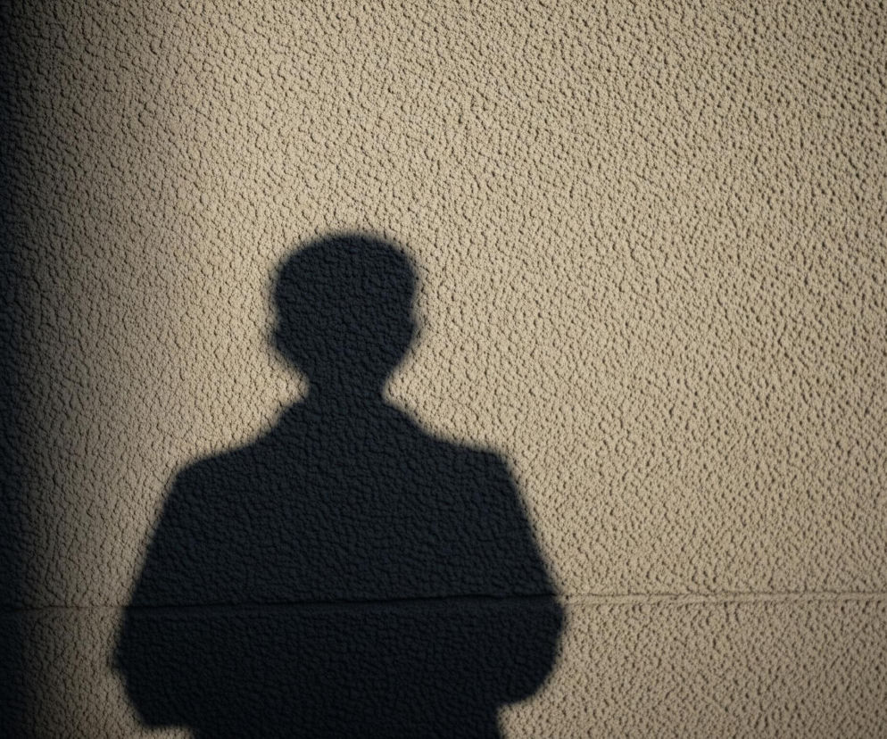 Na beżowej, szorstkiej ścianie z wyraźną fakturą stiuku, widoczny jest ciemny cień ludzkiej sylwetki. Cień przedstawia górną część ciała osoby, od głowy do tułowia, w ciemnoszarym odcieniu, rzucany od lewej strony kadru. Światło pada z prawej górnej strony, tworząc ostrą granicę między oświetloną i zacienioną częścią ściany, biegnącą ukośnie w dół w lewo.