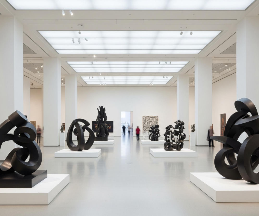 Rozległa, jasna galeria sztuki jest wypełniona rzeźbami i nielicznymi obrazami na ścianach, z kilkoma rozmazanymi postaciami ludzi poruszających się po wnętrzu. Na pierwszym planie, po prawej i lewej stronie, stoją dwie duże, abstrakcyjne, czarne rzeźby o owalnych, połączonych kształtach, każda umieszczona na niskim, białym cokole. Pomieszczenie ma białe ściany, jasnoszarą, błyszczącą posadzkę, która odbija światło, oraz sufity z dużymi, podświetlanymi panelami i rzędami punktowych reflektorów, oświetlających eksponaty. W tle widać więcej podobnych czarnych rzeźb oraz obrazy wiszące na ścianach, a także ludzi przechodzących przez otwory w ścianach.