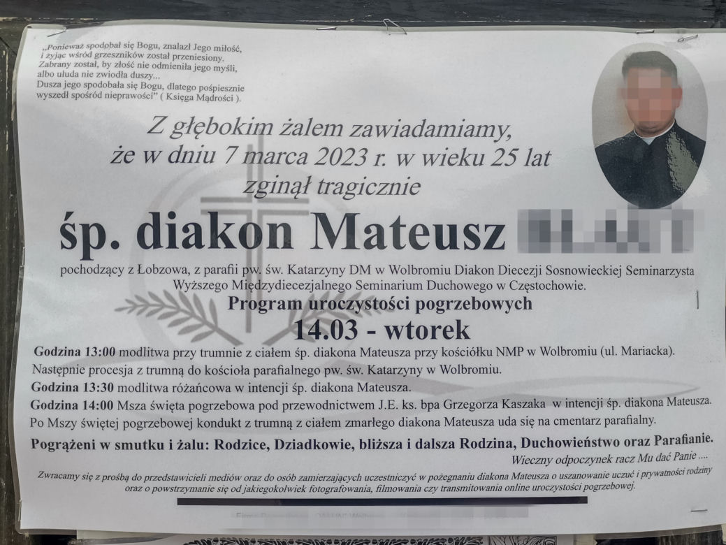 Pogrzeb diakona z Sosnowca. Ostatnie pożegnanie Mateusza w Wolbromiu