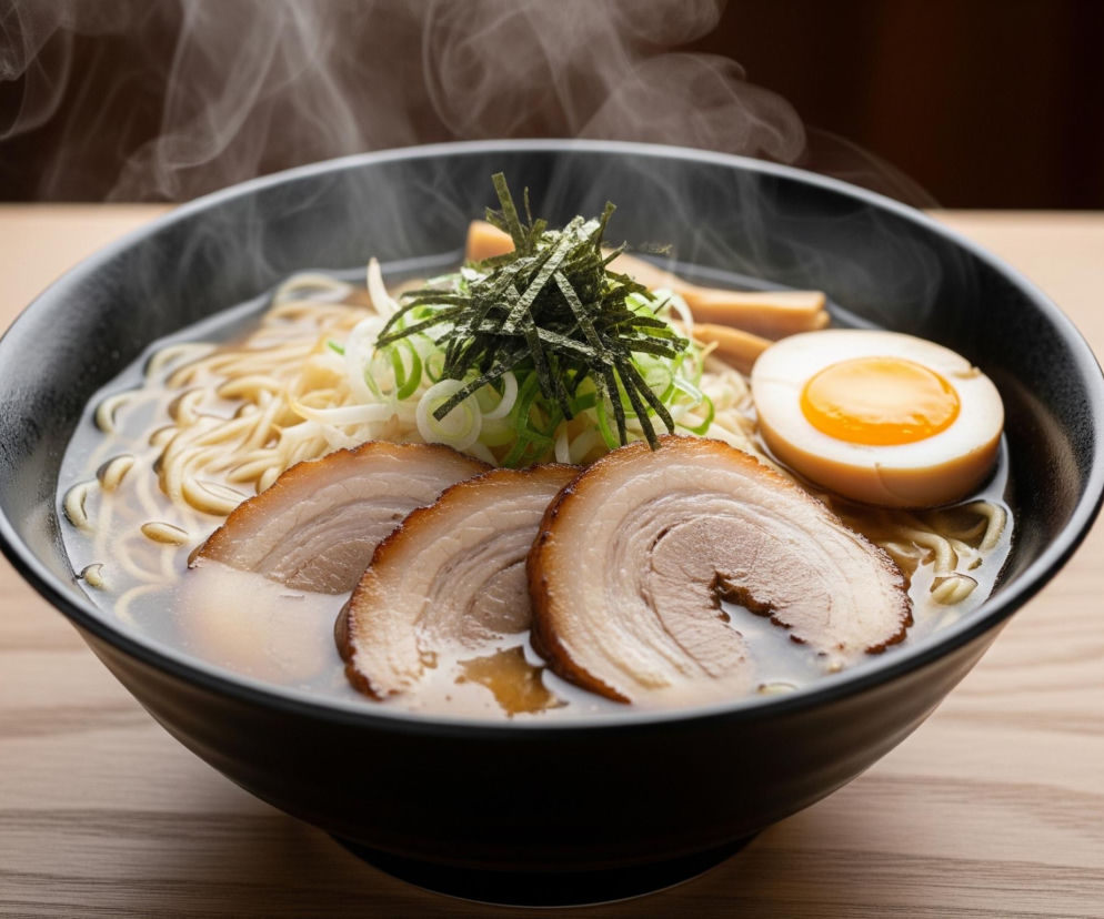 Na drewnianym blacie stoi czarna miska z parującym ramenem. W bulionie zanurzone są złote kluski ramen, obok nich znajdują się trzy plasterki mięsa chashu z wyraźnymi warstwami tłuszczu i mięsa, ułożone w rzędzie. Po prawej stronie leży przekrojone na pół jajko o kremowo-białym białku i jasnożółtym żółtku, a za nim widać kilka brązowych kawałków bambusa. Na środku, na górze dania, spoczywa stos posiekanej zielonej cebulki dymki oraz ciemnozielone paski alg nori. Delikatna para unosi się nad całą potrawą, tworząc miękkie, białe smugi na ciemnym tle za miską.