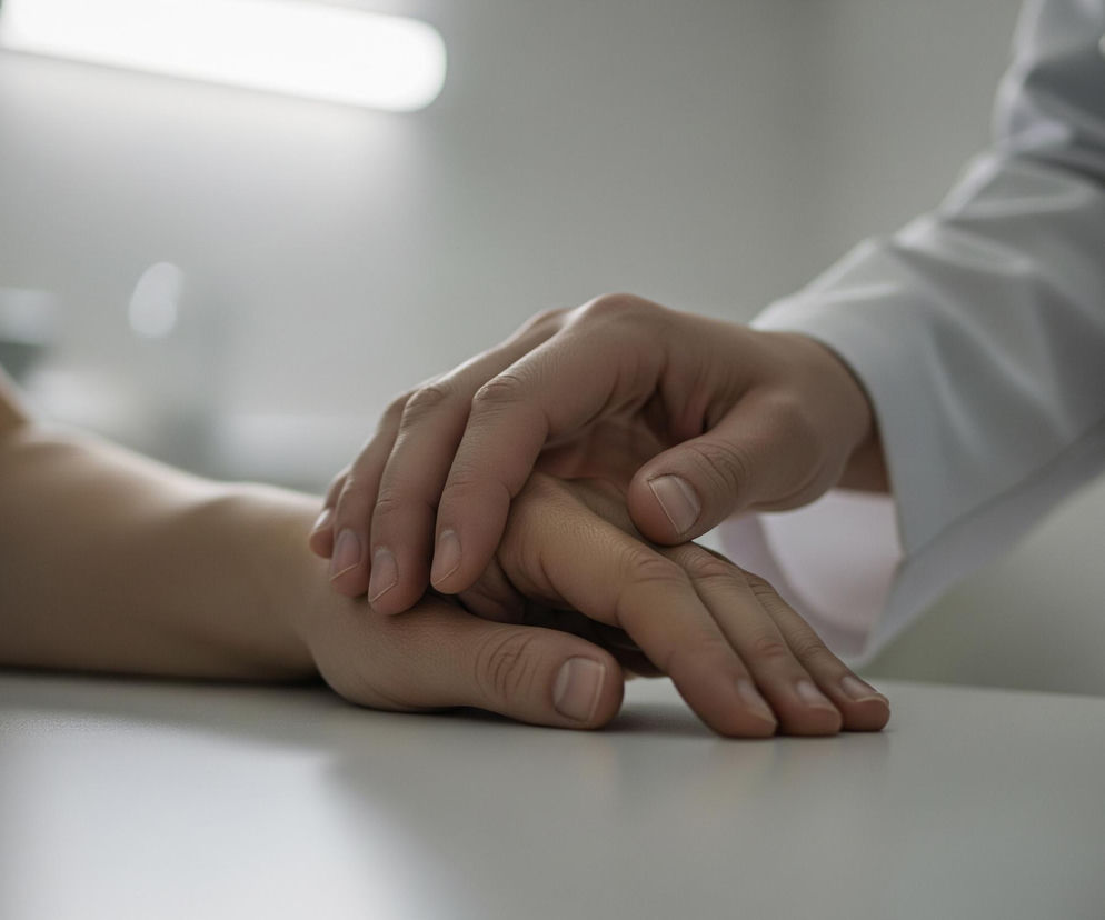 Na pierwszym planie widoczne są dłonie dwóch osób, spoczywające na jasnej, gładkiej powierzchni stołu. Górna dłoń, należąca do osoby w białym fartuchu i niebieskim stroju medycznym, delikatnie dotyka dłoni leżącej niżej. Osoba, do której należy dolna dłoń, ubrana jest w jasnoniebieską koszulkę z krótkim rękawem. Tło jest rozmyte, ale w górnej części widać podłużne, jasne źródło światła.