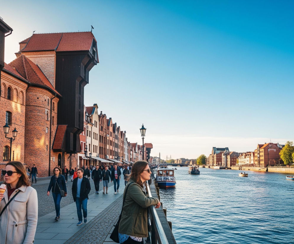 Ulica brukowana biegnie wzdłuż rzeki, a po lewej stronie znajdują się zabytkowe budynki, w tym dominujący ciemnobrązowy Żuraw. Po prawej stronie rzeki widoczne są dalsze budynki, niektóre z dachami w kolorze terakoty, a także liczne drzewa o jesiennym zabarwieniu liści. Na rzece pływają różne łodzie, w tym statki pasażerskie i mniejsze jednostki, a po lewej, na bulwarze, przechadzają się ludzie, z których dwie kobiety na pierwszym planie jedzą lody. Czyste, błękitne niebo z delikatnym gradientem do jaśniejszego błękitu ku dołowi rozciąga się nad całą sceną.
