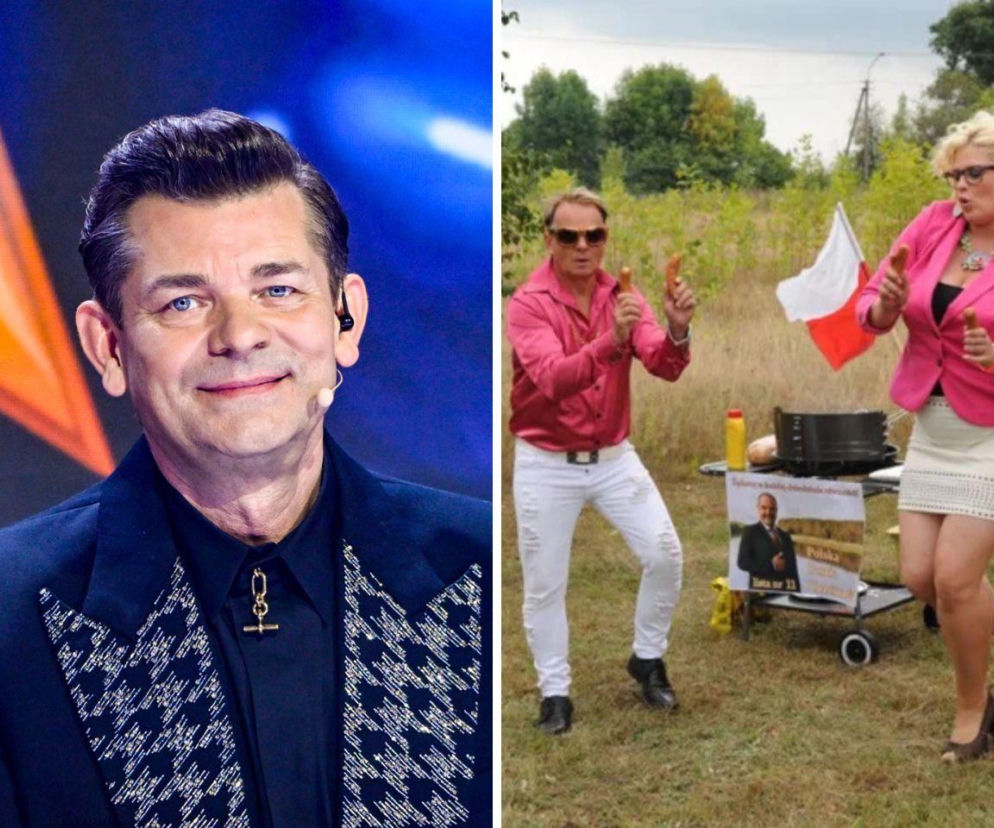 Zenek Martyniuk uśmiechnięty na scenie, obok Piotr Pręgowski i Elżbieta Romanowska jako Duo Spoko, pozujący z kiełbaskami i polską flagą na tle grilla. Dowiedz się, kto śpiewał te przeboje w quizie na naszym portalu.