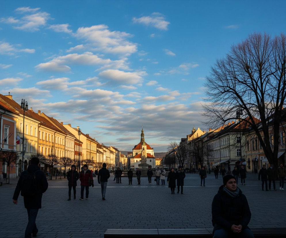 Perspektywa ukazuje szeroką ulicę lub plac miejski, po obu stronach otoczony rzędami budynków o zróżnicowanej architekturze i jasnych fasadach, oświetlonych ciepłym, popołudniowym słońcem. W oddali, w centrum kompozycji, widoczny jest budynek kościoła z wysoką wieżą i spiczastym dachem. Na pierwszym planie po prawej stronie dominuje duża, rozłożysta, bezlistna korona drzewa, a po lewej stronie kadru, na ławce, siedzi młody mężczyzna w ciemnej kurtce i szaliku. Na brukowanej powierzchni placu, wpadającej w cień, porusza się wielu ludzi, większość ubrana w ciemne zimowe ubrania, rzucających długie cienie. Jasnoniebieskie niebo z rozproszonymi białymi chmurami rozciąga się nad sceną.