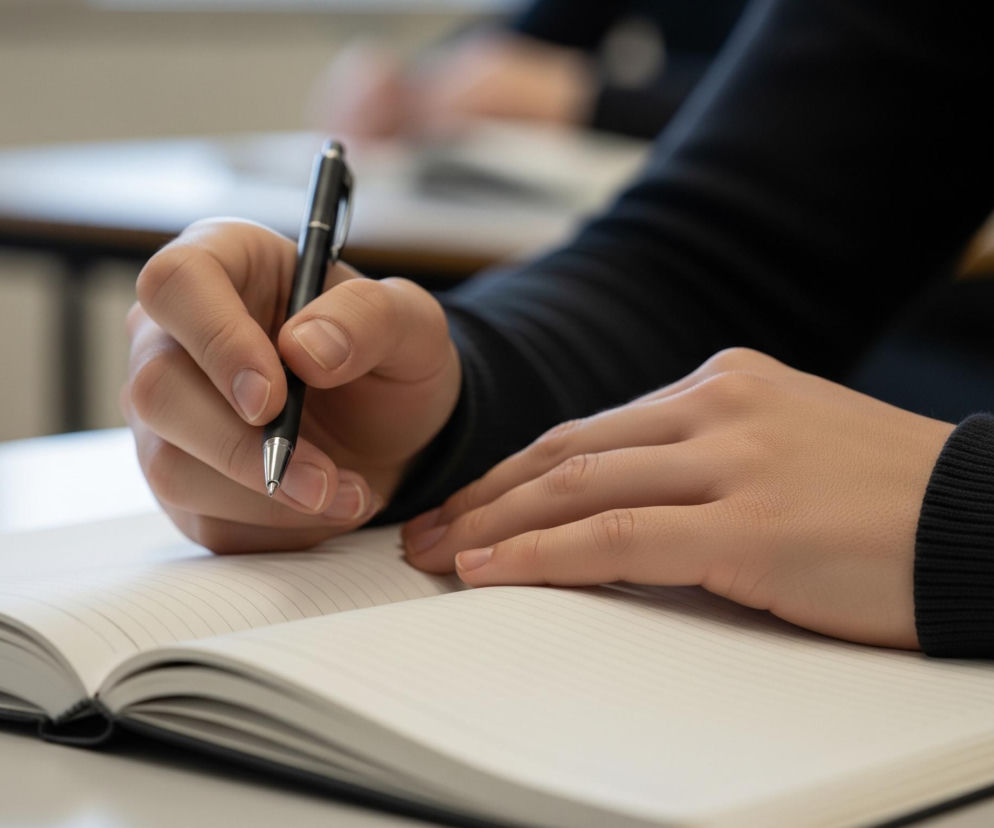 Prawa dłoń pisze czarnym długopisem po otwartym notesie z liniowanymi stronami, leżącym na białym biurku. Długopis ma srebrną końcówkę i klips, a jego korpus jest matowoczarny. Lewa dłoń spoczywa płasko na lewej stronie notesu. Obie ręce noszą czarny sweter z prążkowanymi mankietami. W tle widoczna jest niewyraźna sylwetka innej osoby i fragment ciemnego mebla.