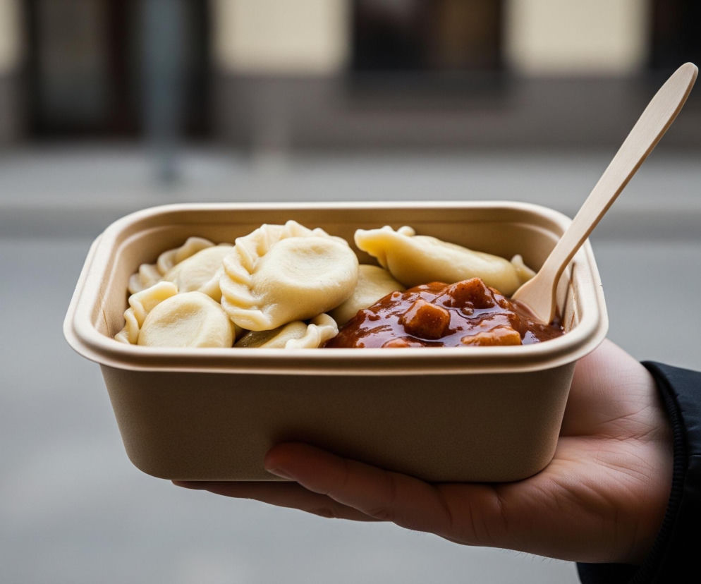 Dłoń ubrana w ciemną kurtkę trzyma prostokątny, jasnobrązowy pojemnik na wynos. W pojemniku znajduje się porcja pierogów o jasnym, kremowym kolorze, a obok nich ciemnobrązowy sos z widocznymi kawałkami czegoś o podobnym odcieniu. Do pojemnika włożona jest drewniana łyżka o długim trzonku, wystająca z sosu. Tło jest rozmyte, ale widać na nim jasne fragmenty przypominające okna budynku oraz szare powierzchnie.