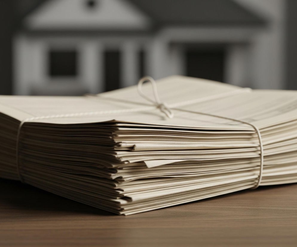 Duży stos beżowych dokumentów, prawdopodobnie kopert lub arkuszy papieru, leży na ciemnobrązowym drewnianym stole. Stos jest przewiązany jasnym sznurkiem lub wstążką, tworzącą pętlę na górze i wiązanie na środku. Na tle, w nieostrym planie, znajduje się miniaturowy, biały model domu z ciemnymi oknami i drzwiami, z wyraźnym dachem i symetrycznym frontem.