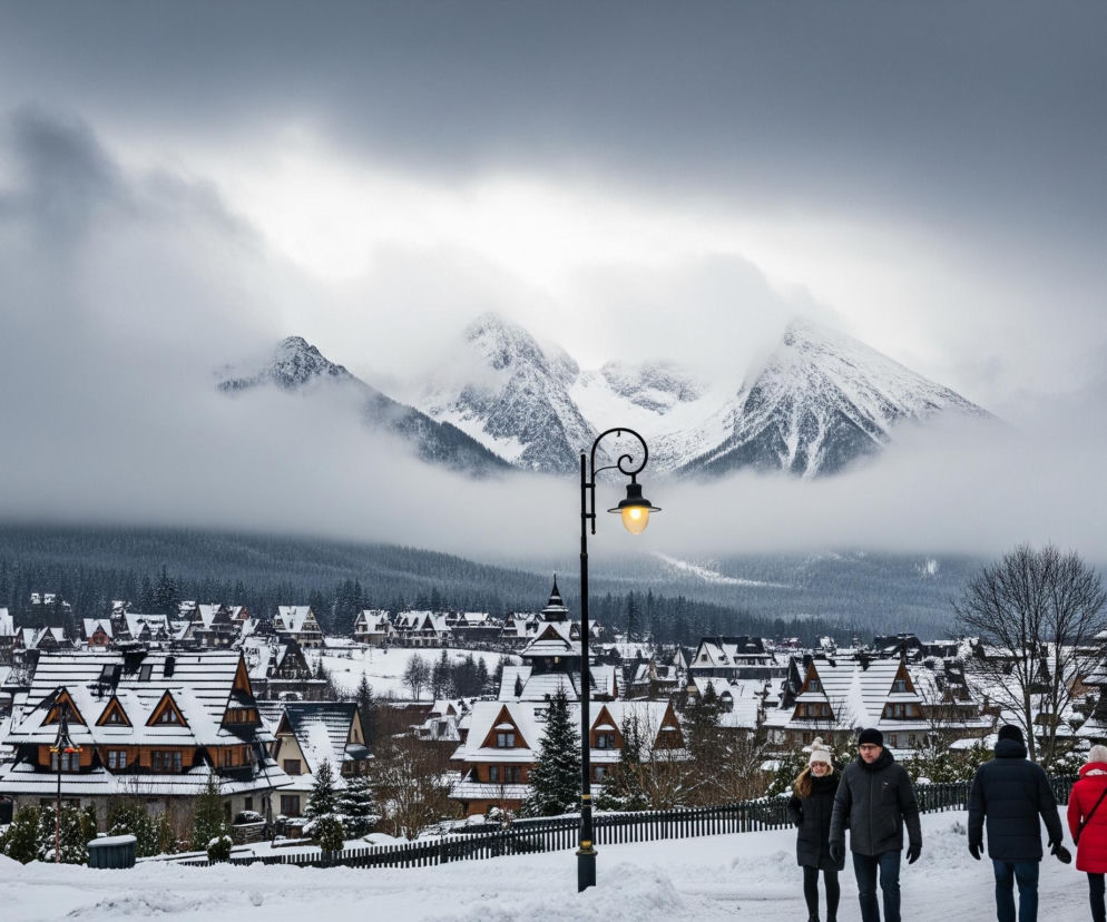 Cztery osoby idą po pokrytej śniegiem drodze w zimowej scenerii, z lampą uliczną po lewej stronie kadru. W tle rozciąga się panorama zasypanych śniegiem domów z ciemnymi, spadzistymi dachami, a dalej widoczny jest pas gęstych, ośnieżonych drzew. Ponad drzewami majestatycznie wznoszą się zaśnieżone szczyty górskie, częściowo zasłonięte przez niskie, szare chmury.