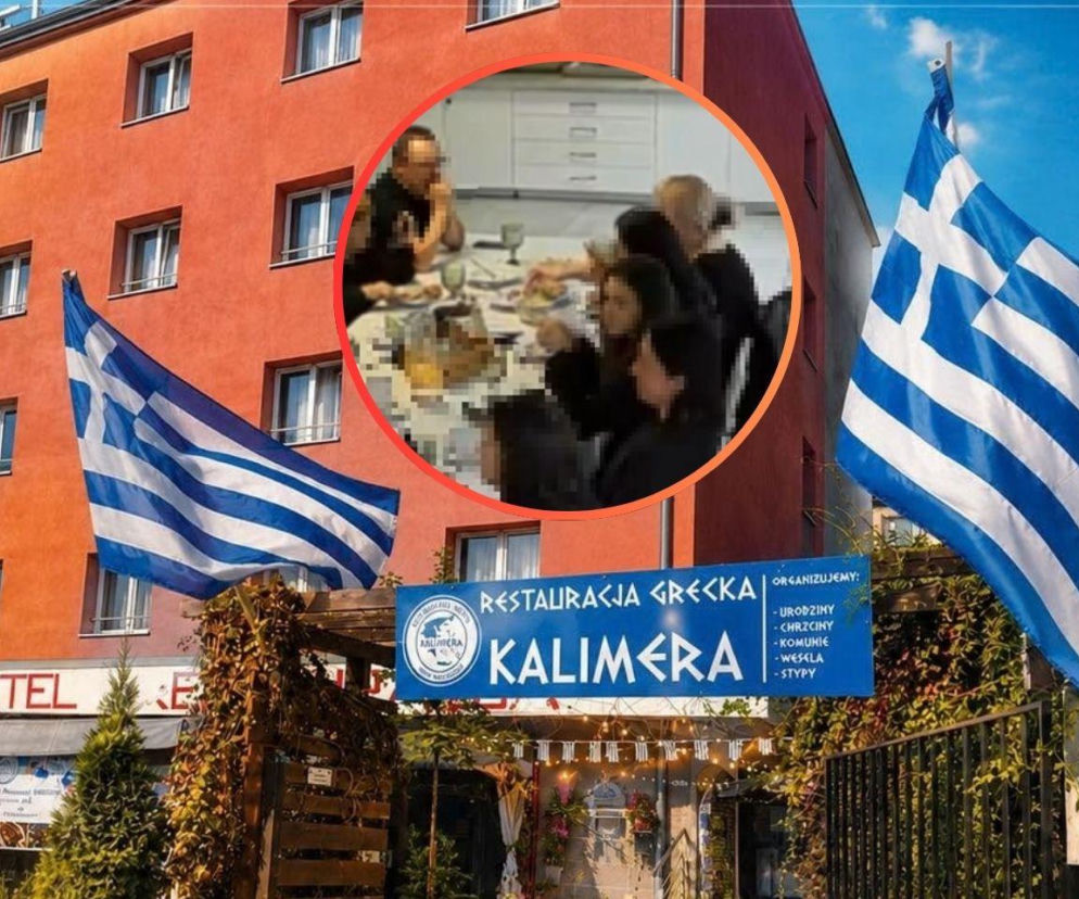 Budynek Restauracji Kalimera. Na miniaturze goście stypy przy stole. O sporze o mięso przeczytasz na SE.