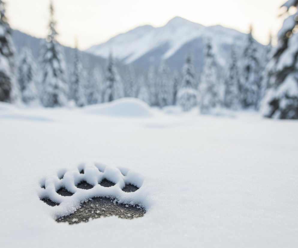 Na pierwszym planie, w dolnej części kadru, znajduje się wyraźny ślad dużej łapy zwierzęcia, odciśnięty w świeżym, białym śniegu. Ślad ma ciemnoszarą, niemal czarną barwę w zagłębieniach, kontrastując z otaczającym go białym puchem, który delikatnie pokrywa jego krawędzie. Tło stanowi rozległy, zimowy krajobraz z licznymi, pokrytymi śniegiem drzewami iglastymi oraz zamglonymi, ośnieżonymi górami w oddali, wszystko oświetlone jasnym, rozproszonym światłem.
