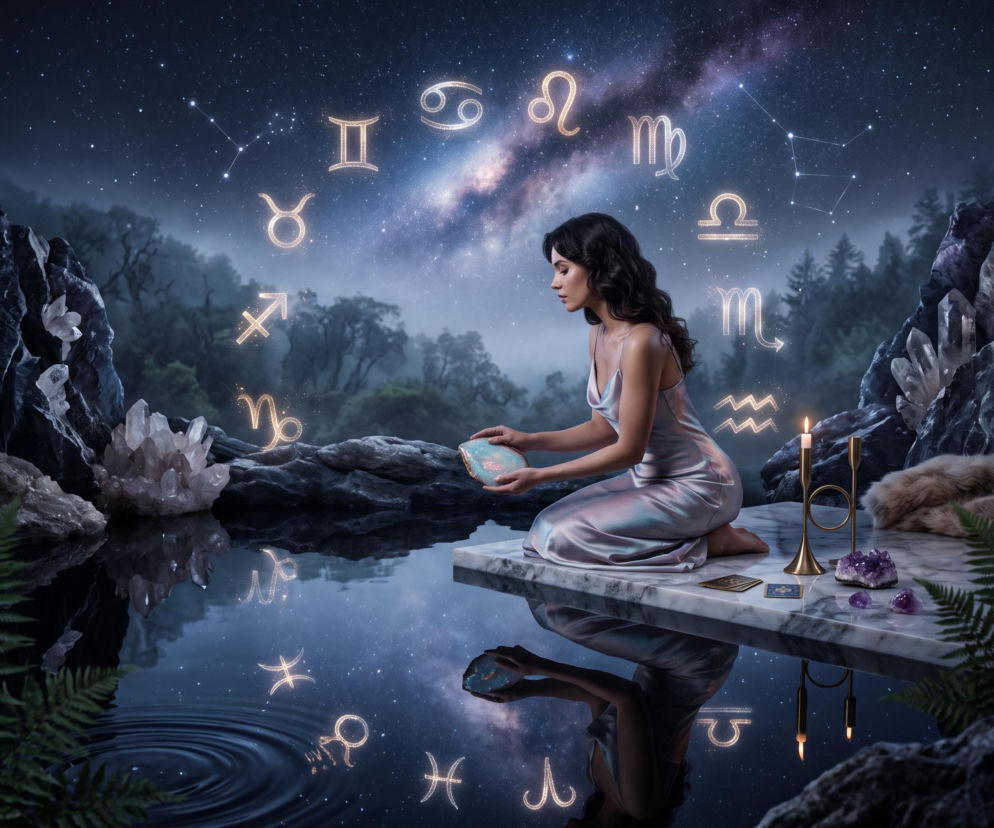 Kobieta przy jeziorze pod niebem z symbolami zodiaku. O horoskopie dziennym na 19 października przeczytasz na SE.