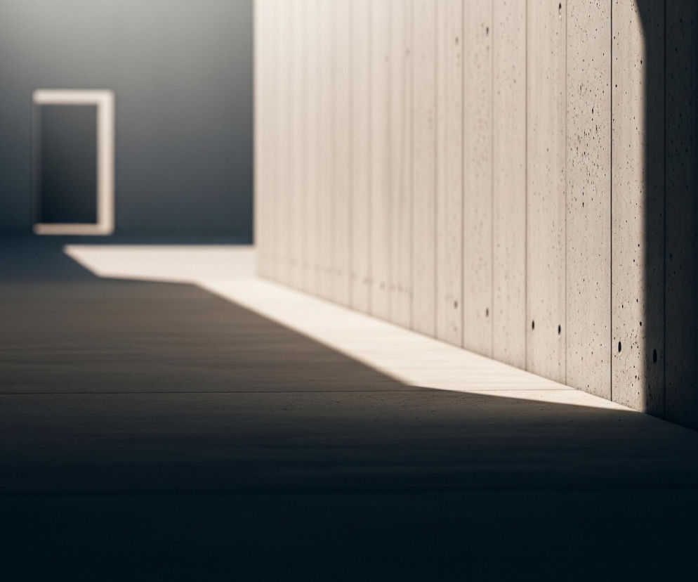 Wąski korytarz z betonu architektonicznego rozciąga się w głąb obrazu, gdzie na jego końcu widoczne są otwarte drzwi, przez które wpada jasne światło. Prawa ściana, o wyraźnej, pionowej fakturze płyt betonowych i widocznych otworach po szalunkach, jest częściowo oświetlona silnym, ciepłym światłem, które tworzy długi, ostry cień na podłodze. Lewa ściana i reszta podłogi pozostają w głębokim cieniu, nadając przestrzeni tajemniczy i minimalistyczny charakter, z wyjątkiem jasnego prostokąta drzwi w tle.