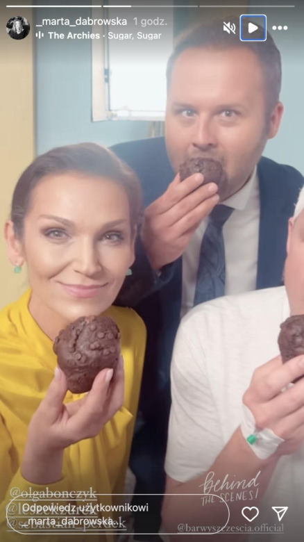 Barwy szczęścia na planie. Bruno (Lesław Żurek), Paszkowska (Olga Bołądź), Klemens (Sebastian Perdek)