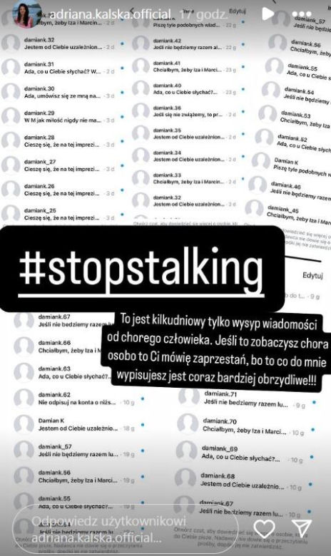 Adriana Kalska do stalkera na Instagramie 