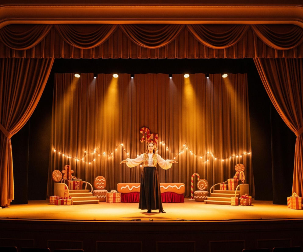Na scenie teatru, otoczonej bordowymi zasłonami i złotymi zdobieniami, stoi kobieta w białej bluzce z szerokimi rękawami i długiej, czarnej spódnicy, z rozłożonymi ramionami. Tło sceny zdobią ozdoby przypominające ciasteczka i cukierki, w tym figurki piernikowych ludzików, laski cukrowe oraz prezenty, a także rząd lampek choinkowych. Całość jest oświetlona ciepłym, żółtym światłem reflektorów skierowanych na środek sceny. W rogach sceny znajdują się duże, piernikowe ludziki oraz laski cukrowe, a niżej widoczne są puste fotele widowni.